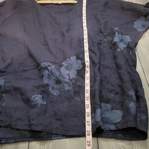 Lin Pour L'autre Women's Blouse Top Size 50 Blue 100% Linen Floral Roll Sleeves - Picture 9 of 10